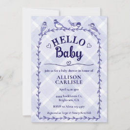 005 Iris Watercolor Gingham Birds Baby Shower Kaart