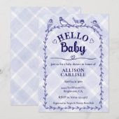 005 Iris Watercolor Gingham Vogels Baby Shower Kaart (Voorkant / Achterkant)