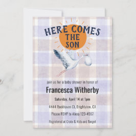 005 Iris Watercolor Plaid Stork Boho Baby Shower Kaart