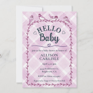 006 Wijn Aquarel Gingham Vogels Baby Shower Kaart
