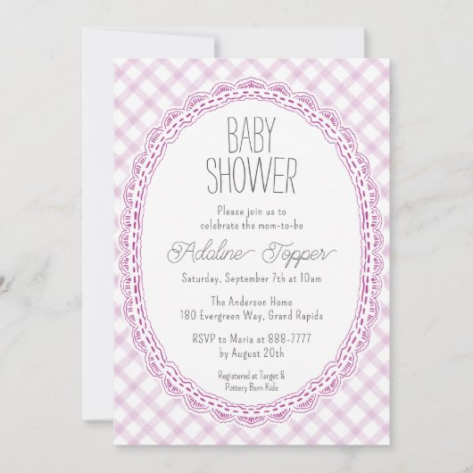 006 Wijn Oude Kant Frame Gingham Baby Shower Kaart (Voorkant)