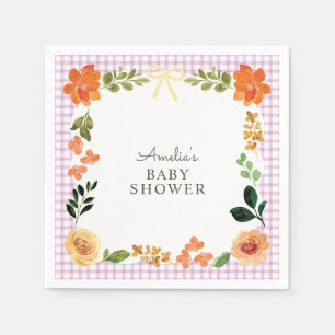 006 Wijn Paarse Bloem Gingham Baby Shower Servet