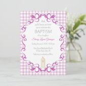 006 Wijn Scroll Gingham Kruis Kaars Doop Kaart (Staand voorkant)