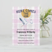 006 Wine 020 Fog Sun Plaid Stork Baby Shower Kaart (Staand voorkant)