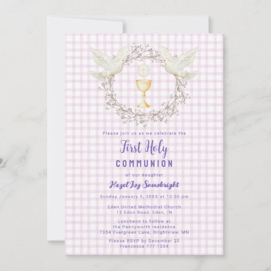 006 Wine Dove & Chalice Gingham Eerste Communie Kaart (Voorkant)