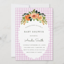 006 Wine Floral Gingham Baby Shower Invitations Kaart