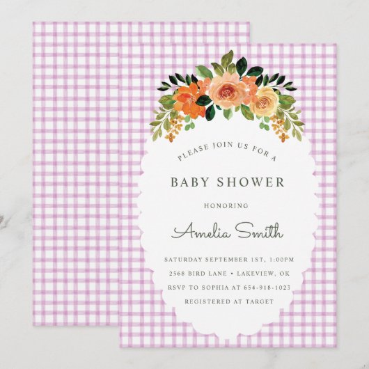 006 Wine Floral Gingham Baby Shower Invitations Kaart (Voorkant / Achterkant)