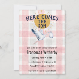 007 Red 020 Fog Sun Plaid Stork Baby Shower Kaart