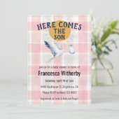 007 Red 020 Fog Sun Plaid Stork Baby Shower Kaart (Staand voorkant)