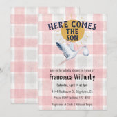 007 Red 020 Fog Sun Plaid Stork Baby Shower Kaart (Voorkant / Achterkant)