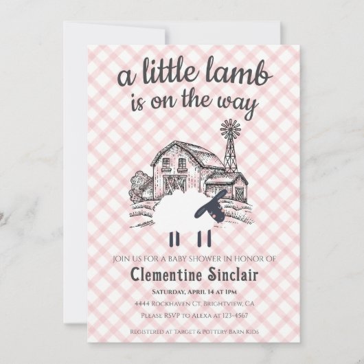 007 Red A Little Lamb Farm Gingham Baby Shower Kaart (Voorkant)