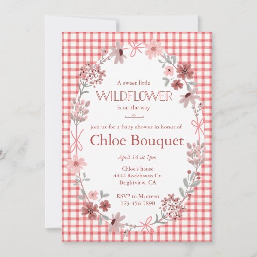 007 Red Boho Wildflower Bow Gingham Baby Shower Kaart (Voorkant)