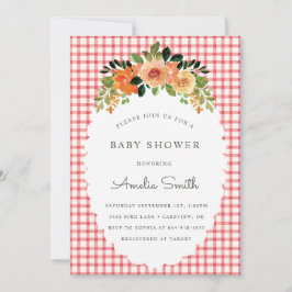 007 Red Floral Gingham Baby Shower Invitations Kaart