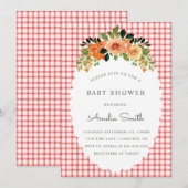 007 Red Floral Gingham Baby Shower Invitations Kaart (Voorkant / Achterkant)
