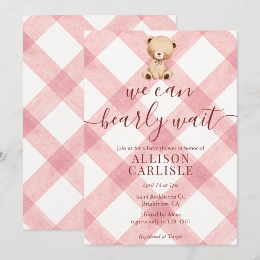 007 Red Teddy Bear Gingham Baby Shower Kaart (Voorkant / Achterkant)