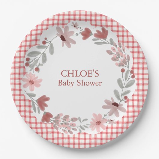 007 Rood Wildflower Boog Frame Gingham Papieren Bordje (Voorkant)