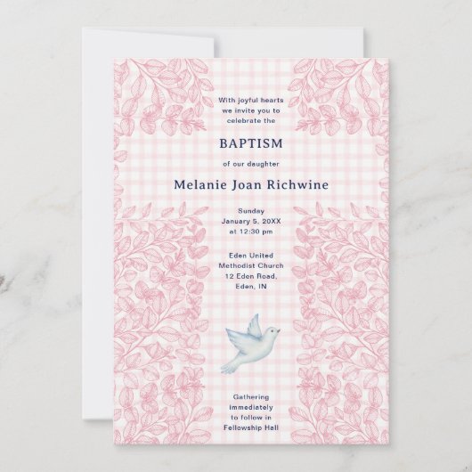 008 Blush Dove Botanisch Kruis Gingham Doopfeest Kaart (Voorkant)