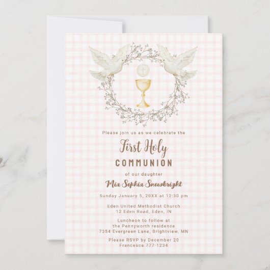 008 Blush Dove & Chalice Gingham Eerste Communie Kaart (Voorkant)