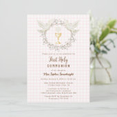 008 Blush Dove & Chalice Gingham Eerste Communie Kaart (Staand voorkant)