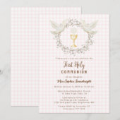 008 Blush Dove & Chalice Gingham Eerste Communie Kaart (Voorkant / Achterkant)