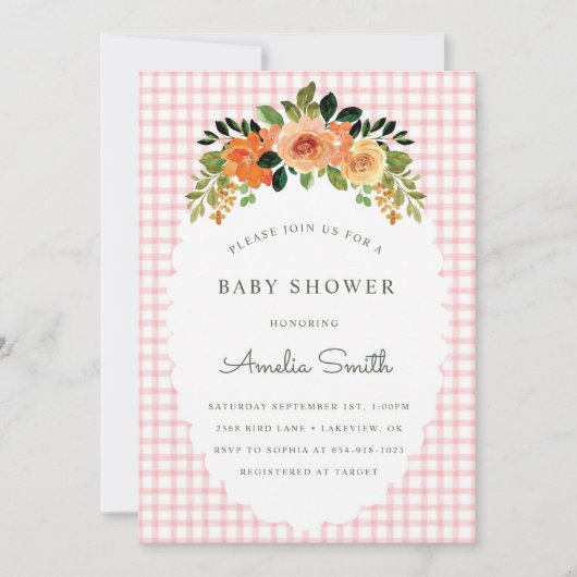 008 Blush Floral Gingham Baby Shower Invitations Kaart (Voorkant)