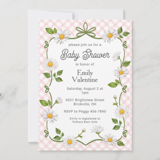 008 Blush Pink Floral Daisy Plaid Baby Shower Kaart (Voorkant)