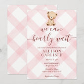 008 Blush Pink Teddy Bear Gingham Baby Shower Kaart (Voorkant / Achterkant)