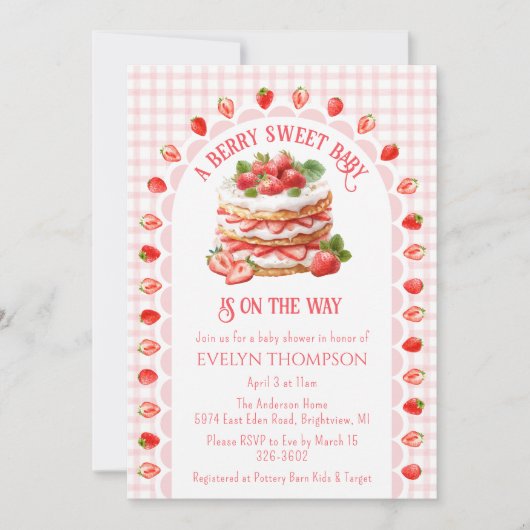 008 Blush Roze Aardbei Shortcake Baby Shower Kaart (Voorkant)