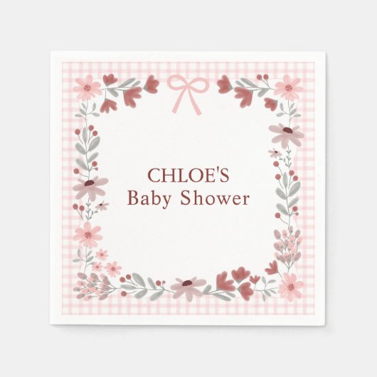 008 Blush Roze Wilde Bloem Boog Gingham Babyborrel Servet (Voorkant)