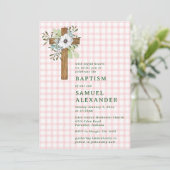 008 Blush Rustic Groenery Houten Kruis Doopfeest Kaart (Staand voorkant)