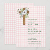 008 Blush Rustic Groenery Houten Kruis Doopfeest Kaart (Voorkant / Achterkant)