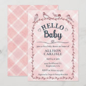 008 Blush Watercolor Gingham Birds Baby Shower Kaart (Voorkant / Achterkant)
