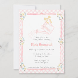 008 Roze geruite gietkan Babyshower Kaart