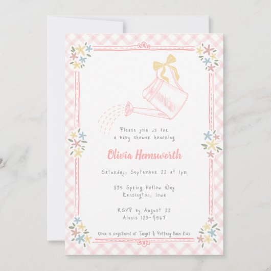 008 Roze geruite gietkan Babyshower Kaart (Voorkant)