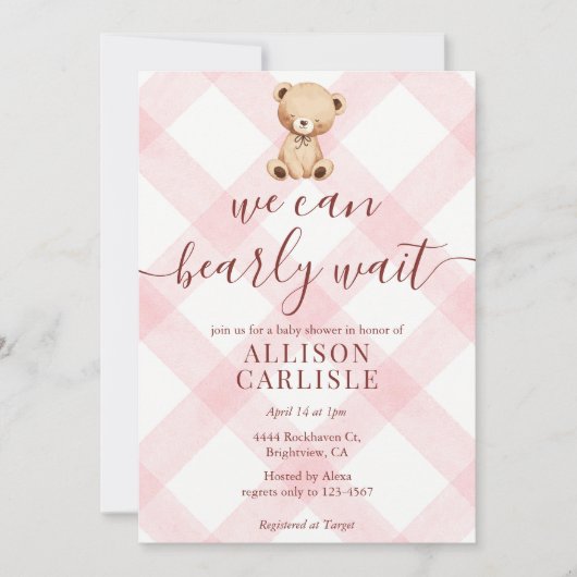 008 Roze Teddybeer Gingham Baby Shower Uitnodiging (Voorkant)