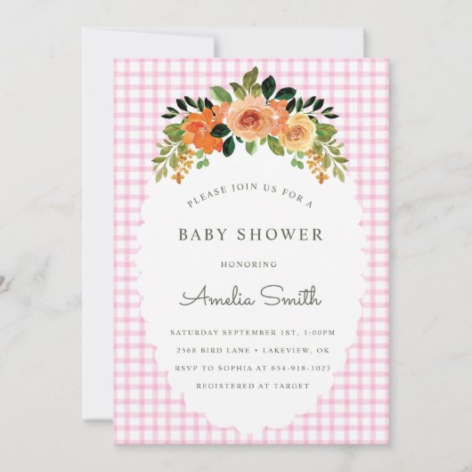 009 Fuchsia Bloemengingham baby shower uitnodiging (Voorkant)