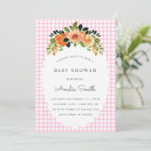 009 Fuchsia Bloemengingham baby shower uitnodiging (Staand voorkant)