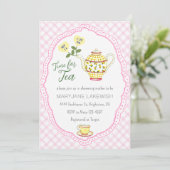 009 Fuchsia Cute Gingham Theevisite Baby Shower Kaart (Staand voorkant)