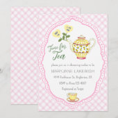 009 Fuchsia Cute Gingham Theevisite Baby Shower Kaart (Voorkant / Achterkant)
