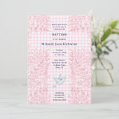 009 Fuchsia Duif Botanische Kruis Gingham Doopfees Kaart (Staand voorkant)