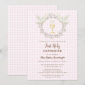 009 Fuchsia Duif & Chalice Gingham Eerste Communie Kaart (Voorkant / Achterkant)