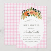 009 Fuchsia Floral Gingham Baby Shower Invitations Kaart (Voorkant / Achterkant)
