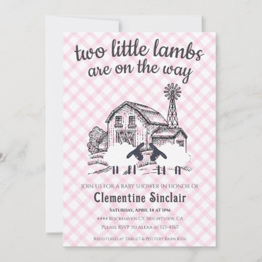 009 Fuchsia Kleine Lammetjes Boerderij Gingham Bab Kaart (Voorkant)