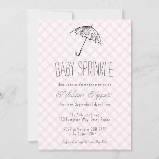 009 Fuchsia Moderne Paraplu Gingham Baby Sprinkle Kaart (Voorkant)