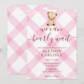 009 Fuchsia Pink Teddy Bear Gingham Baby Shower Kaart (Voorkant / Achterkant)
