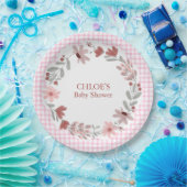 009 Fuchsia Roze Wilde Bloem Boog Frame Gingham Papieren Bordje (Feest)