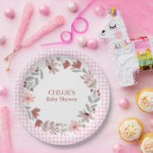 009 Fuchsia Roze Wilde Bloem Boog Frame Gingham Papieren Bordje (Feest)