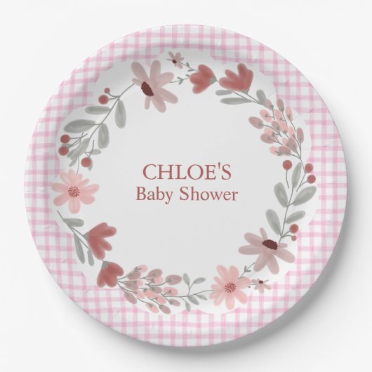 009 Fuchsia Roze Wilde Bloem Boog Frame Gingham Papieren Bordje (Voorkant)