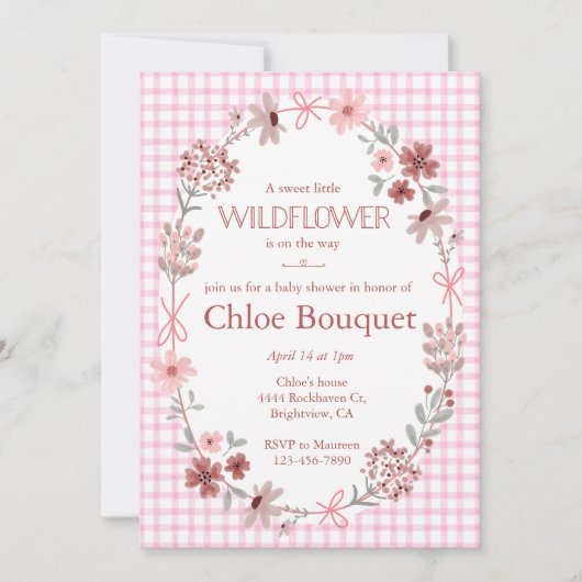 009 Fuchsia Roze Wilde Bloem Gingham Baby Shower Kaart (Voorkant)