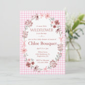 009 Fuchsia Roze Wilde Bloem Gingham Baby Shower Kaart (Staand voorkant)